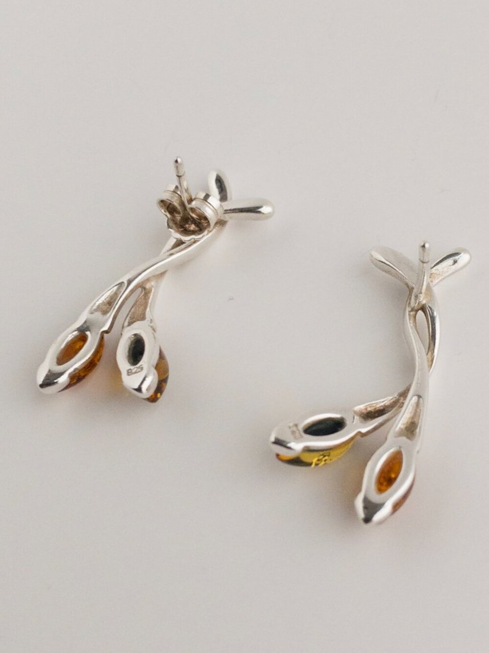 Sterling Silver Baltic Amber Necklace & Stud Earrings Set Botanical Leaf 925 - Picture 9 of 17